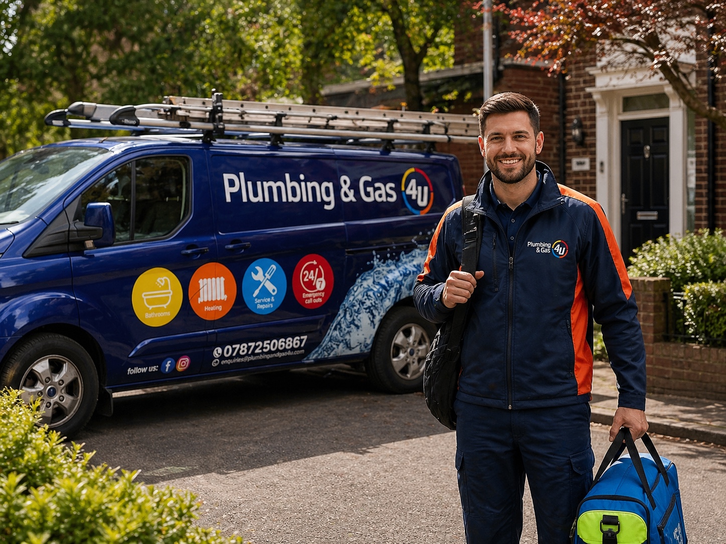 Plumbing & Gas 4U branded van and engineer